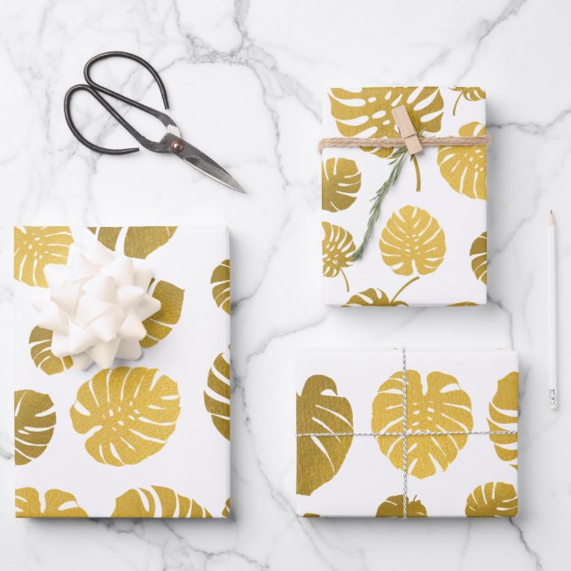 De Papier Cadeau Monstère d'or moderne Feuille Tropical Motif (Recto)