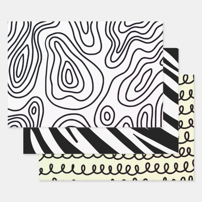 De Papier Cadeau motif à doodle noir blanc feuille d'emballage (Lot)
