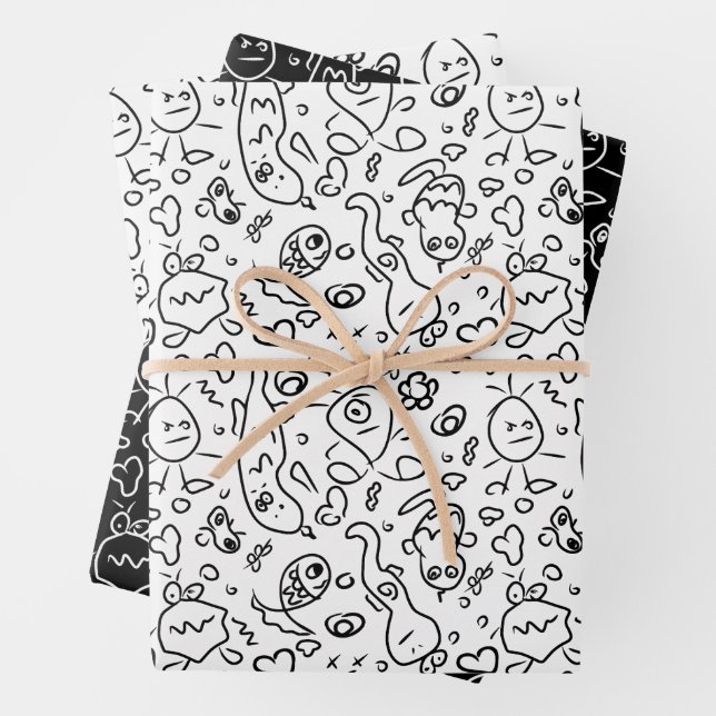 De Papier Cadeau Motif à doodle noir et blanc enveloppe feuille pap (En situation)