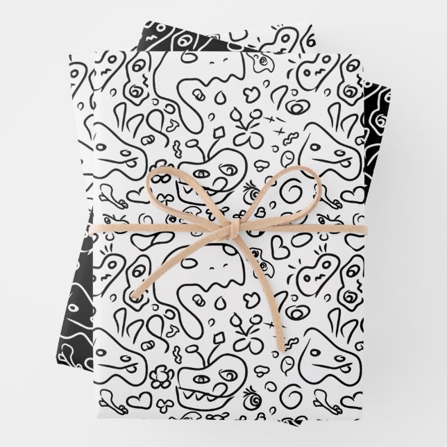 De Papier Cadeau Motif à doodle noir et blanc enveloppe feuille pap (En situation)