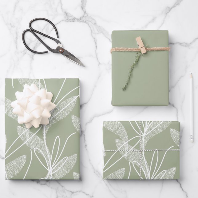 De Papier Cadeau Motif botanique Feuille dressé à Sage Green (Recto)