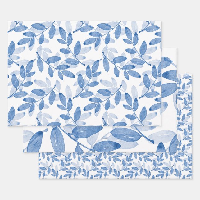 De Papier Cadeau Motif Feuille d'aquarelle bleu (Lot)
