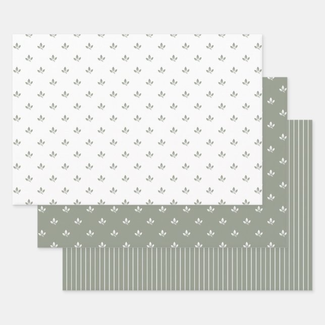 De Papier Cadeau Motif feuille moderne et Pinstripes Vert Poussard  (Lot)