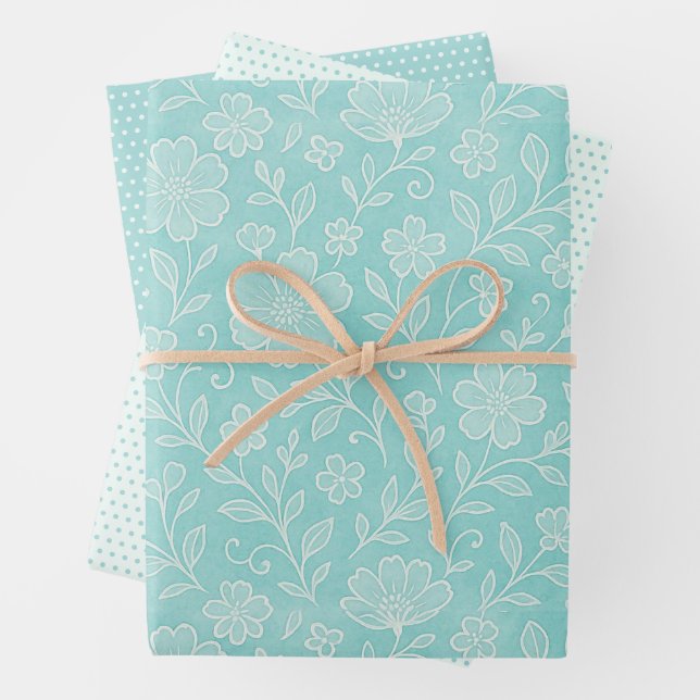De Papier Cadeau Motif Floral Feuille Classé Sur Aqua Blue (En situation)