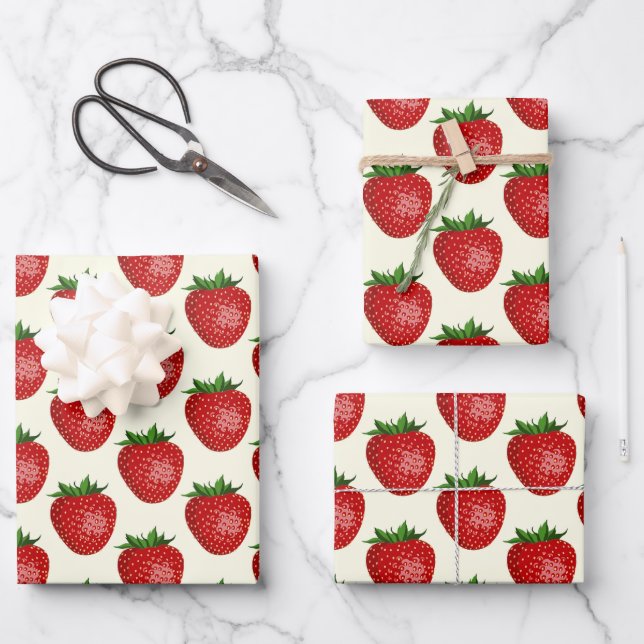 De Papier Cadeau Motif Fraise, Fraises Rouges, Fruit, Feuille (Recto)