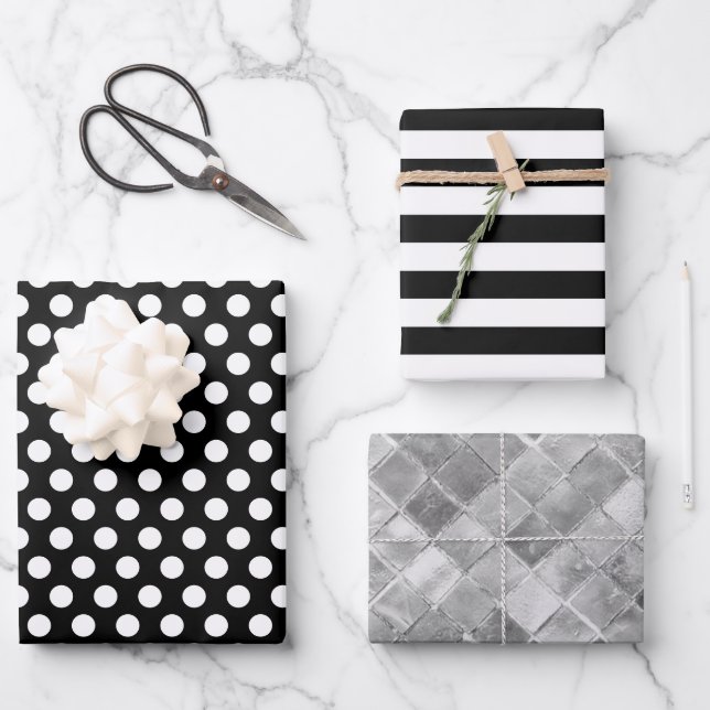 De Papier Cadeau Rayures Noir Blanc Points Argentés Feuille (Recto)