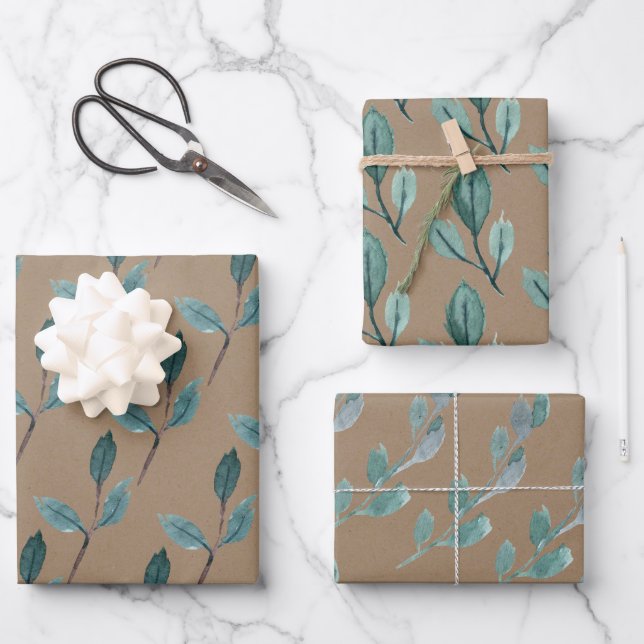 De Papier Cadeau Rustique Kraft Turquoise Bleu Vert Feuille d'hiver (Recto)