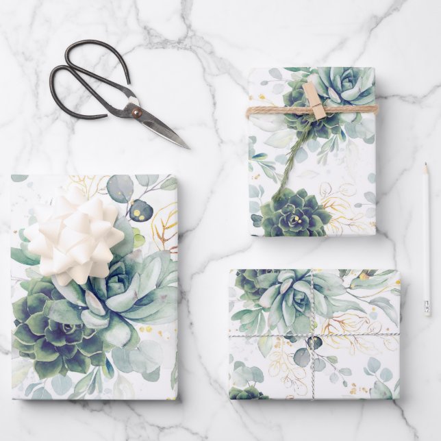 De Papier Cadeau Succulents Verdure et or Eucalyptus Feuille (Recto)