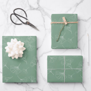 De Papier Cadeau Vert Sage moderne avec blanc Ginkgo Biloba Feuille