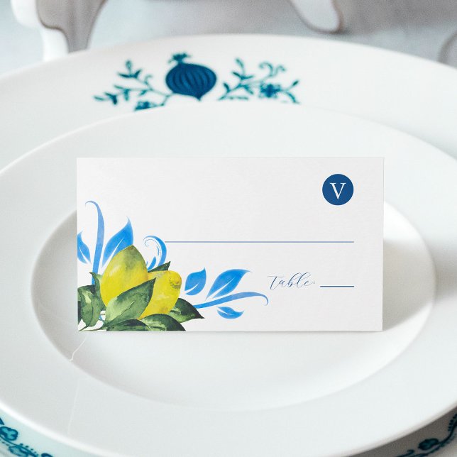 De Placement Aquarelle Citron Mariage Table Décor Carte Place (Wedding place cards with meal choice watercolor lemons with blue and green botanicals)