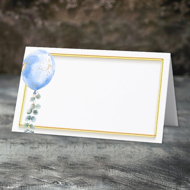 De Placement Baby shower Bleu Carte Place | Cadre Or (Gold frame balloon place card)