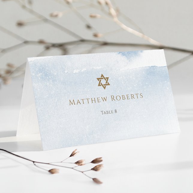 De Placement Bar Mitzvah carte d'invité aquarelle bleue (Dusty Blue Watercolor Bar Mitzvah Place Card)