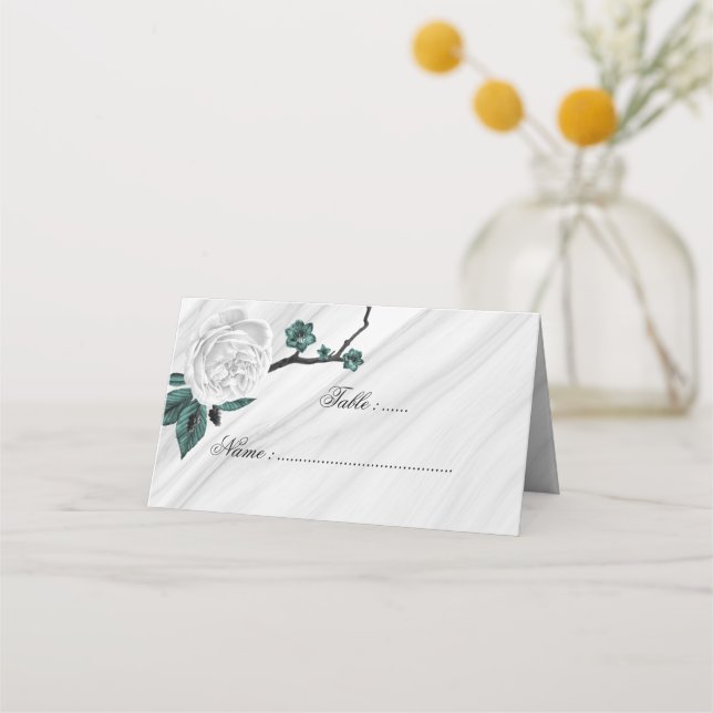De Placement blanc noir et turquoise marbre fleuri carte place (Devant)