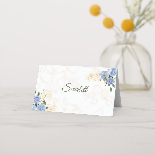De Placement Bleu Floral Marbre Or Plaqué Carte Place (Devant)