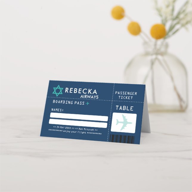 De Placement BLEUE TURQUOISE Bar Mitzvah Airline Carte Place (Devant)