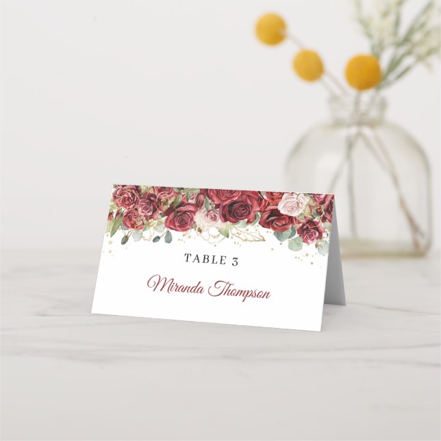 De Placement Boho burgundy & blush rose eucalyptus place carte (Devant)