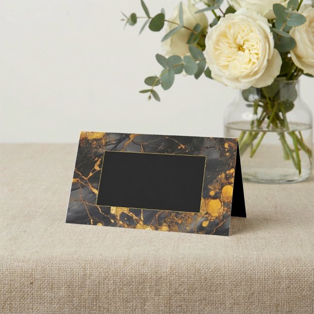 De Placement Cadre en marbre noir et or Carte du nom d'hôte (Black and gold marble frame guest name place card.)