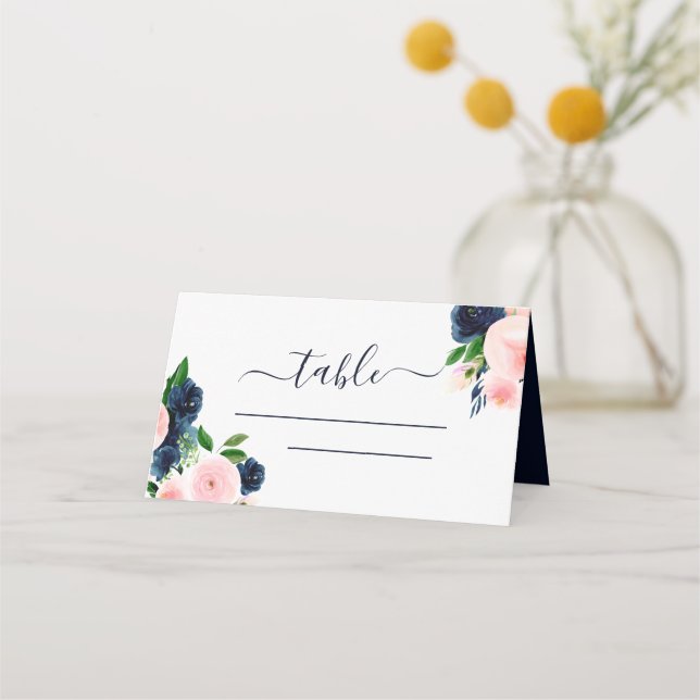 De Placement Carte Floral Place Mariage couleur bleu marine (Devant)