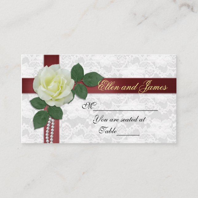 De Placement carte mariage blanche rose rouge ruban (Devant)
