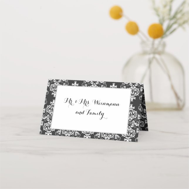 De Placement Carte mariage noir & blanc Damask Table Place (Devant)