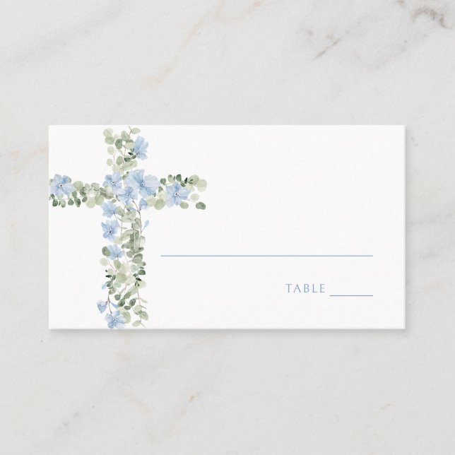 De Placement Carte Place Baptême Boy Cross Floral Bleu (Devant)