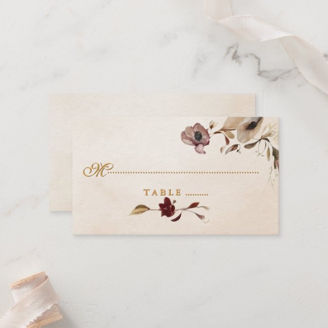 De Placement Carte Place Mariage Floral Or Bourgogne (Devant/Arrière en situation)