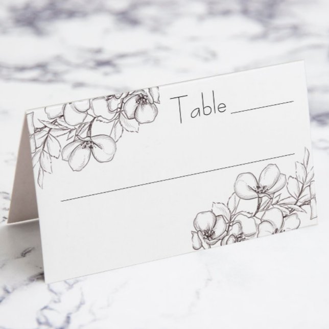 De Placement Carte Place pliée en blanc et noir (wedding table escort placard with white and black floral line art)