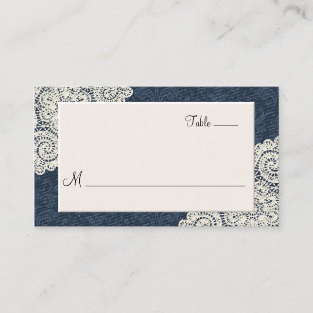 De Placement Chic Denim Damask & Ivory Lace Mariage Carte d'esc (Devant)