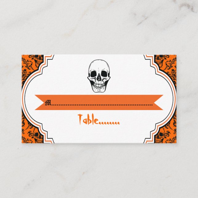 De Placement Crânes damask orange, noir mariage carte place (Devant)