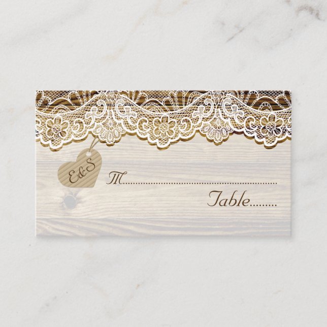 De Placement Dentelle blanche & coeur sur bois mariage carte pl (Devant)