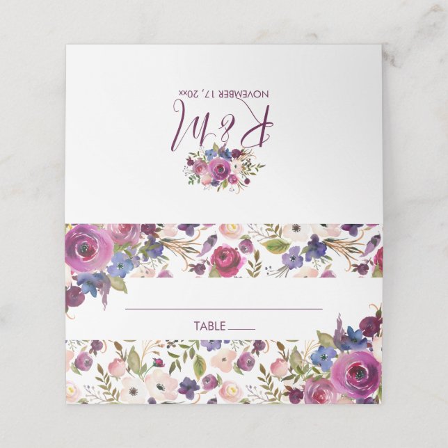 De Placement Fête des mariées Florale violet/Mariage Carte Plac (Extérieur déplié)