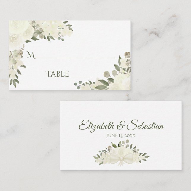 De Placement Ivory White Floral Elégant Mariage Carte Escort (Devant / Derrière)