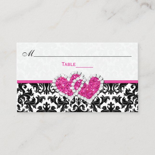 De Placement Noir, Blanc, Rose Coeurs Joints Damask Carte Place (Devant)