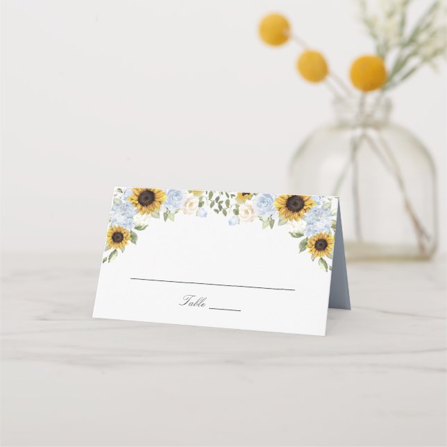 De Placement Tournesol Dusty Blue Flowers Mariage Carte Place (Devant)