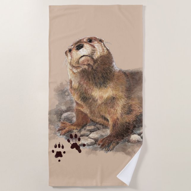 De Plage Aquarelle Otter Animal Faune Art Beach Serviette (Devant)