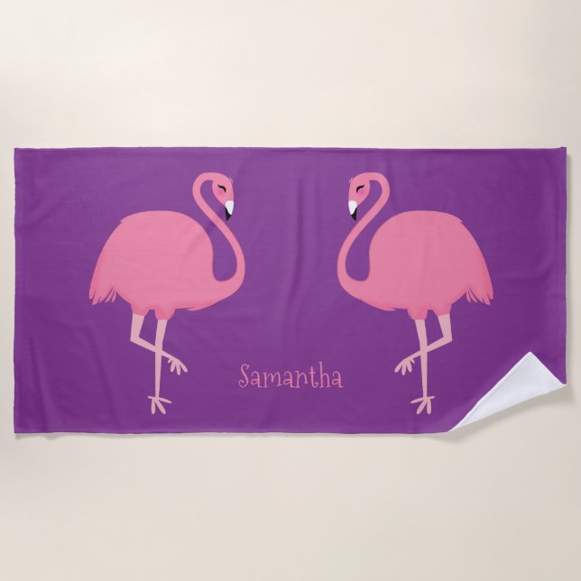 De Plage Flamants roses mignons nom personnalisé serviette  (Devant)