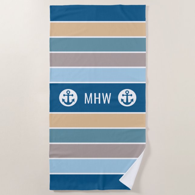De Plage Nautical Stripes personnalisé monogramme serviette (Devant)