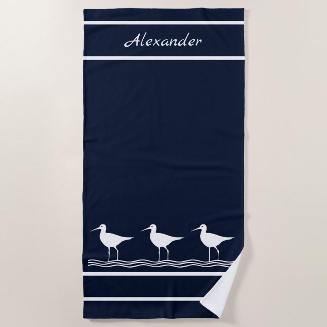 De Plage Nautique Marine Bleu Bécasseau Oiseaux Serviette d (Devant)