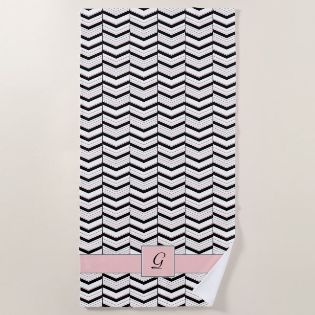 De Plage Serviette Chevron Beach noir blanc et blanc (Devant)