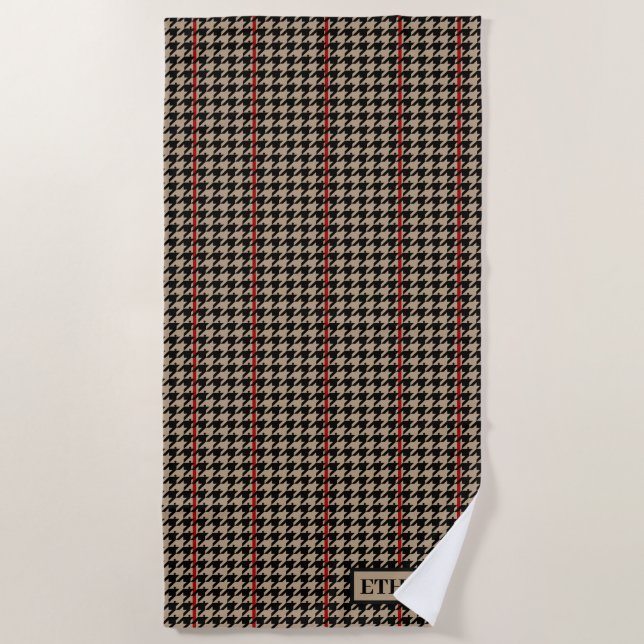 De Plage Serviette classique Houndstooth Black, Tan & Red B (Devant)