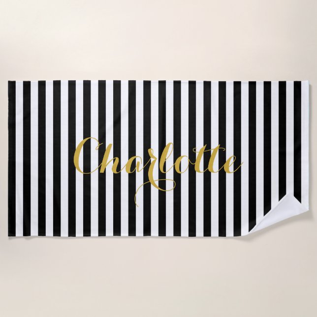 De Plage Serviette rayée noir et blanc élégante avec votre  (Devant)
