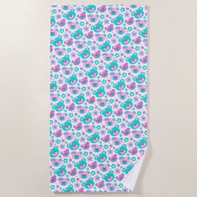 De Plage Teddy ours fleurs rose aqua serviette (Devant)
