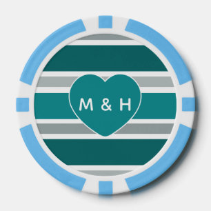 De Poker Stripes & Coeur personnalisé monogramme & jetons d