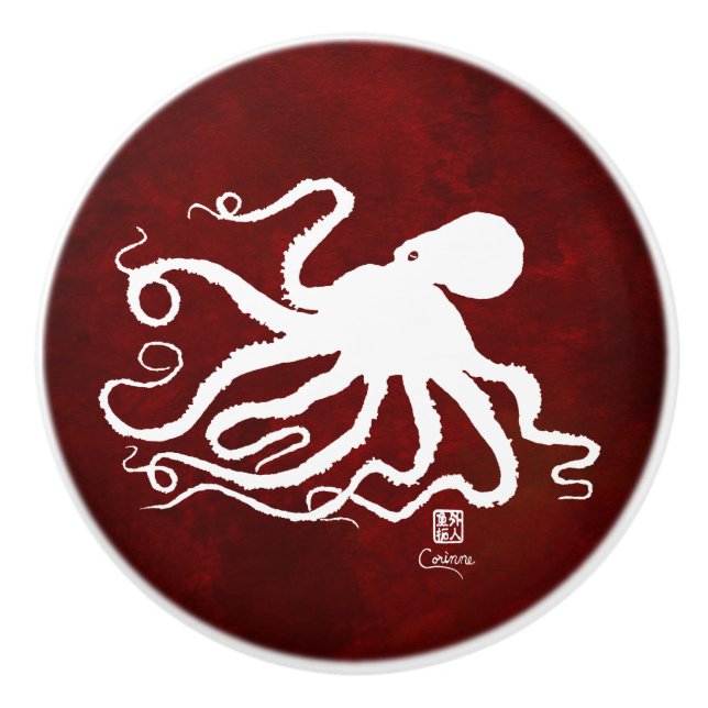 De Porte En Céramique Blanc du poulpe 6 sur R rouge - bouton (Devant)