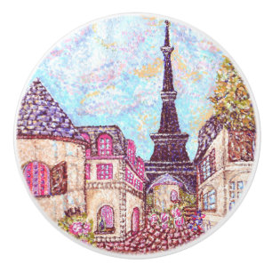 De Porte En Céramique Paris Eiffel inspiré pointillisme bouton paysage