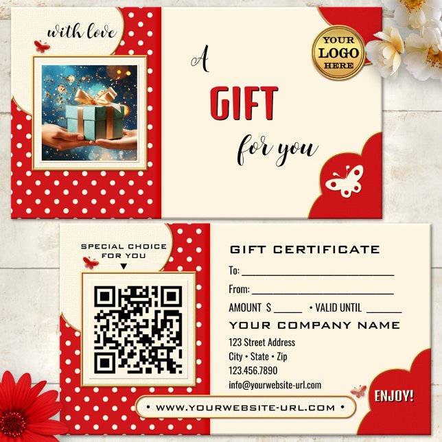 De Réduction Carte cadeau Whimsical Retro Butterfly Photo (Retro gift certificate featuring a red and ivory polka dot design with butterflies - QR code - logo)