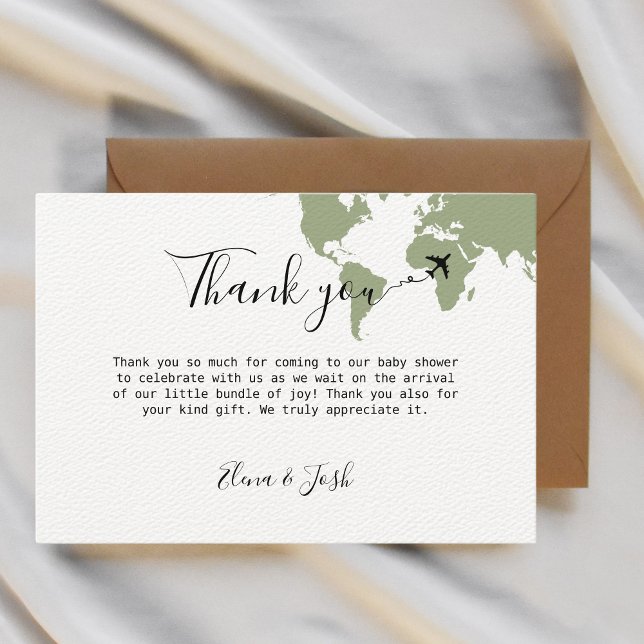 De Remerciements Baby shower à thème Voyage Carte du monde Sage Gre (travel themed baby shower thank you cards sage green)