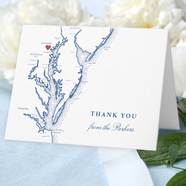 De Remerciements Baltimore Maryland Marine Carte bleue Personnalisé (Baltimore Personalized Wedding thank you card in elegant navy blue from Coastal Map Designs)