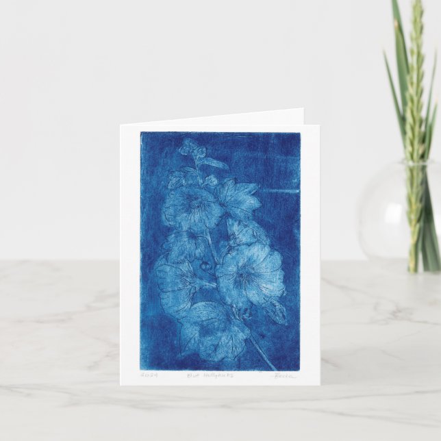 De Remerciements Blue Hollyhocs Intaglio WoodblockImprimer carte bl (Devant)