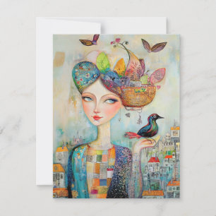De Remerciements Carte Boho Mixed Media Girl and Bird in Village